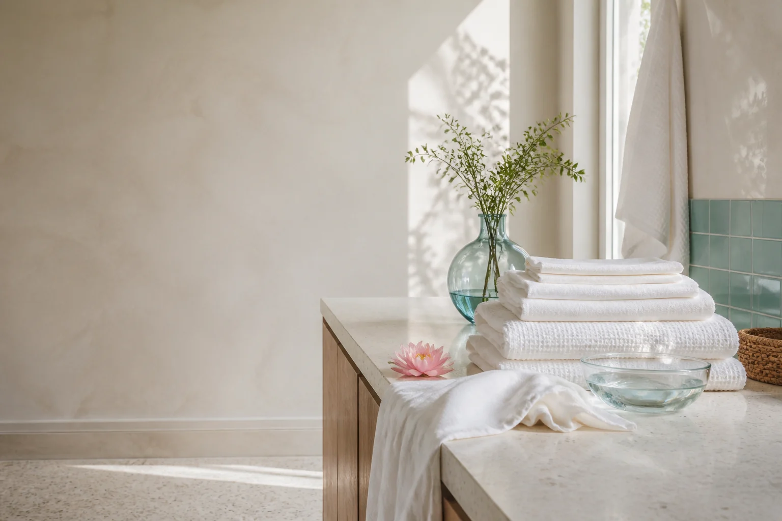 Sunlit utility space with folded linens, lotus flowers, and water