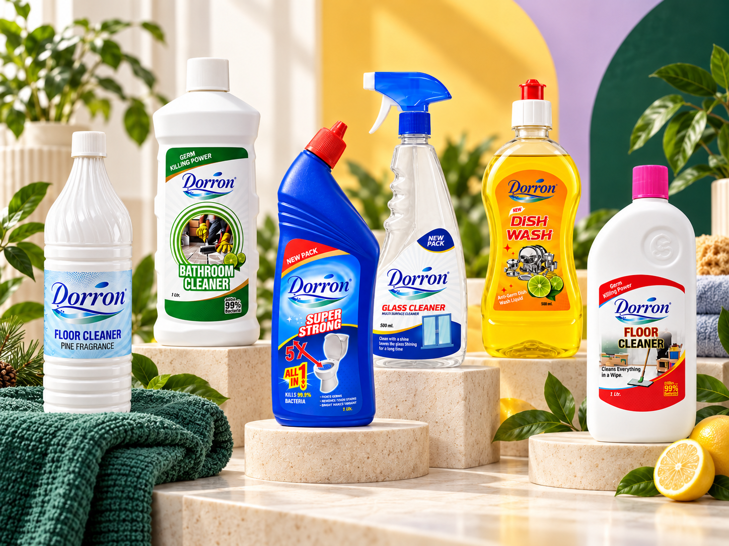 Dorron home-care products displayed together in a bright, colourful setting
